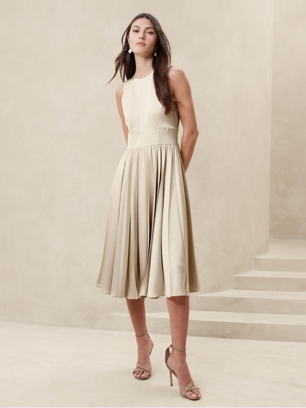 BANANA REPUBLIC BR Ness Pleated Satin Midi Dress - Champagne